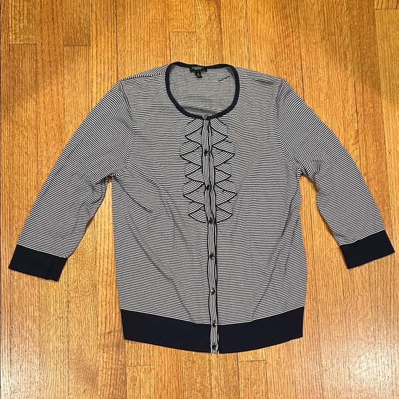Talbots Sweaters - Talbots Navy and White Striped Ruffle Cardigan Size Medium